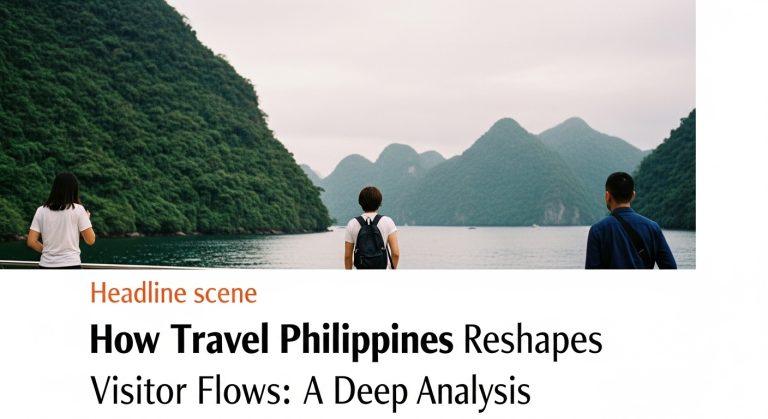 A Philippine island landscape showing pristine beach and a distant city skyline, representing travel and connectivity.