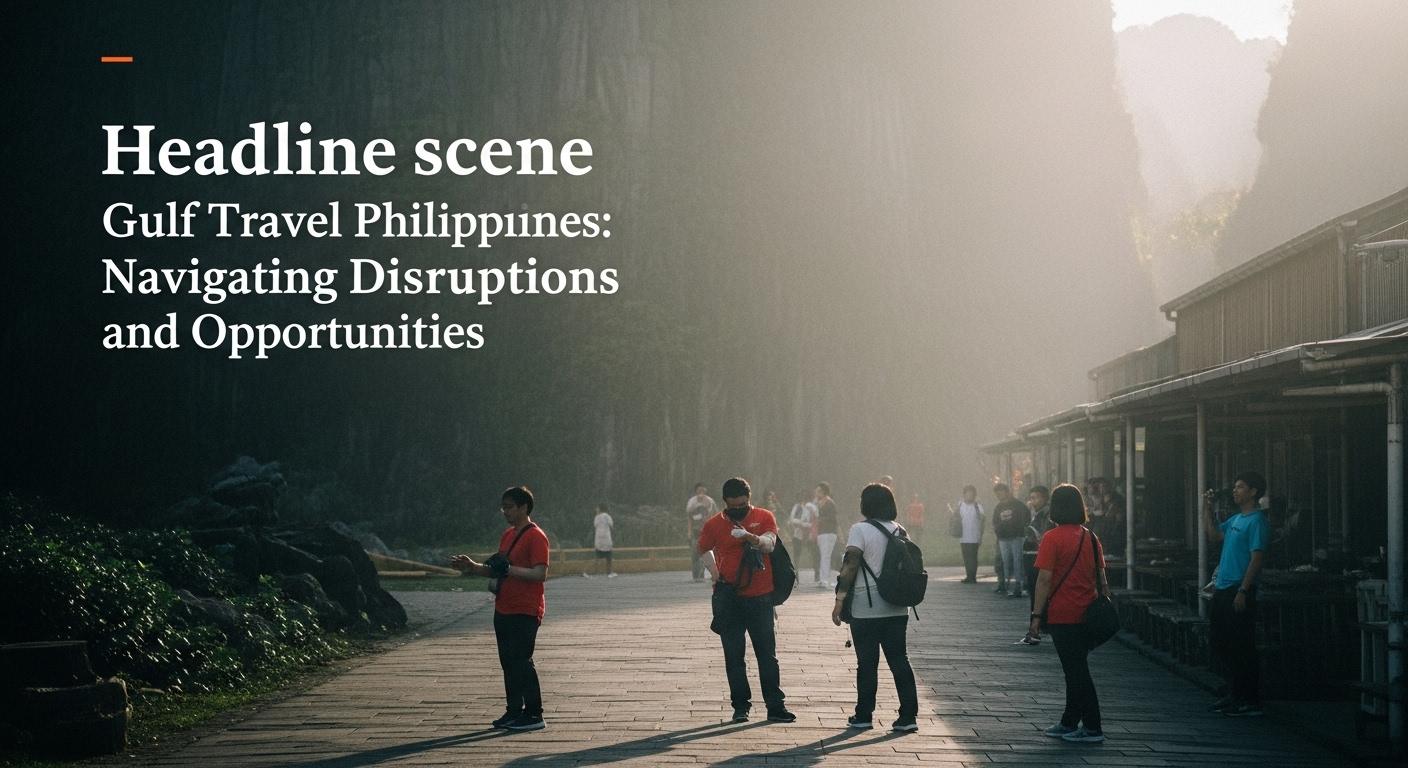 Gulf Travel Philippines: Navigating Disruptions and Opportunities A busy Gulf hub at sunset showing runways and aircraft, illustrating travel disruption and resilience.