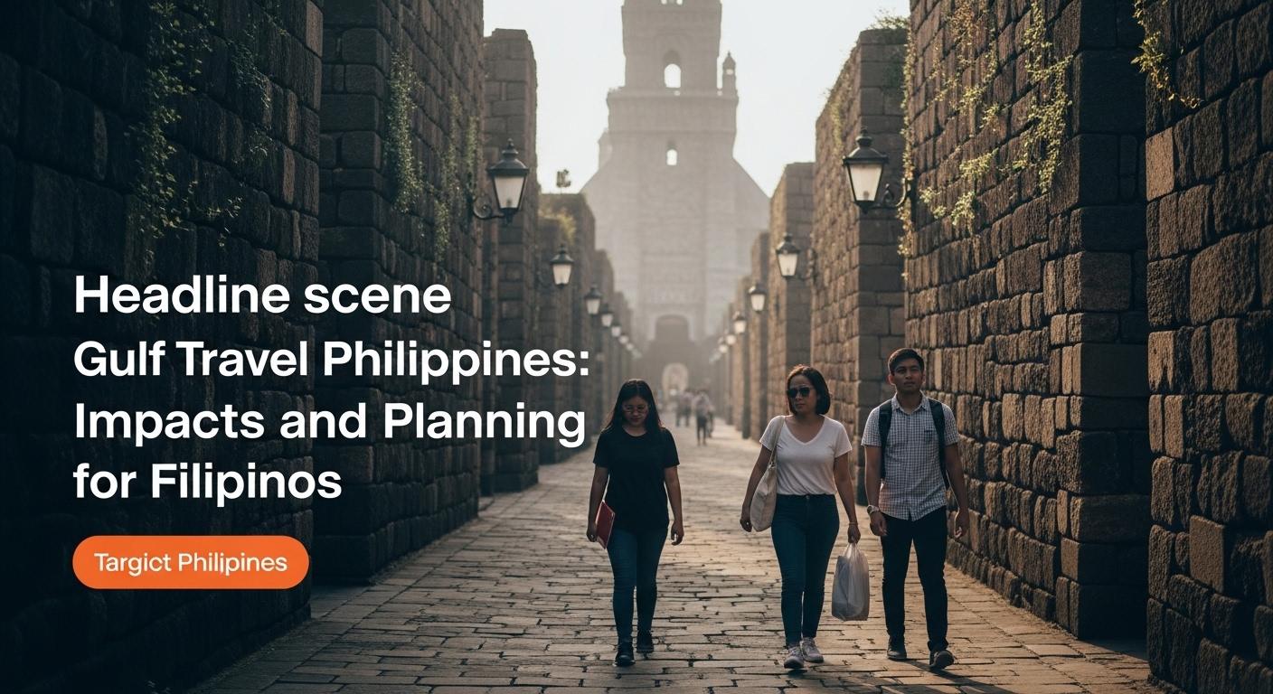 Navigating Limited Travel Philippines: Trends and Tactics Airport tarmac with Gulf carrier aircraft and a Filipino traveler with luggage, symbolizing travel disruption and planni