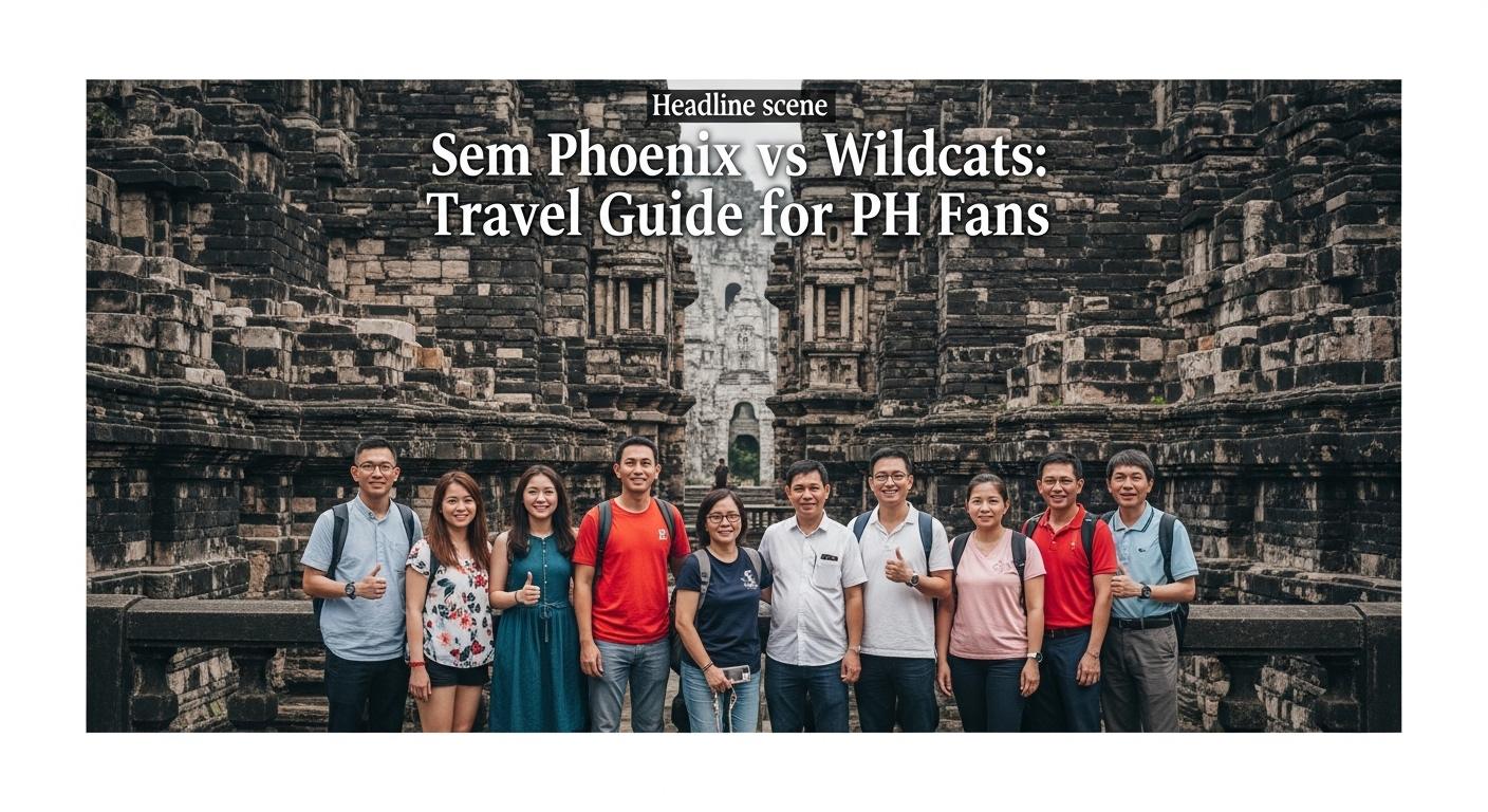 Fans in Philippine colors watch a NBL semifinal between Sem Phoenix and Wildcats on arena screens, with travel motifs in